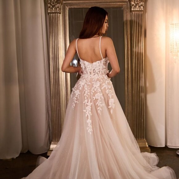 NEW FORMAL SLEEVELESS WEDDING DRESS EMBROIDERED W/ FLORAL LACE APPLIQUE CDS477W - Picture 7 of 9